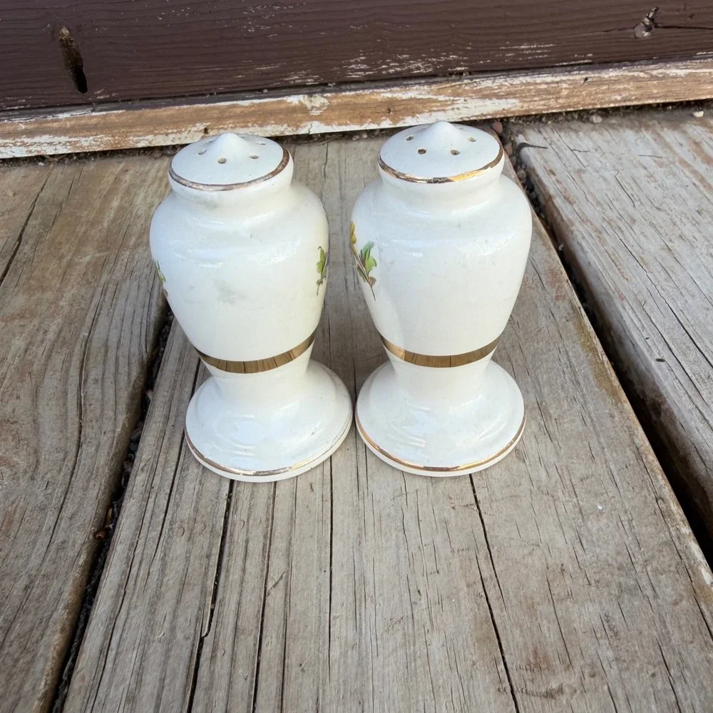 Vintage Floral Ceramic Salt and Pepper Shakers White Gold Trim 4.5 Inch